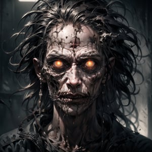 ugly bastard,illustration,dark atmosphere,creepy eyes,disfigured face,messy hair,grotesque expression,dirty clothes,horror style,unnerving,shadowy lighting,disturbing details,rough brushstrokes,color palette: desaturated earth tones,low-key lighting,gritty texture