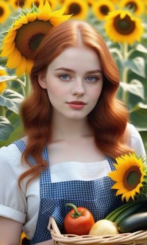 A girl next door, redhead farmgirl, 21 years old, beautiful detailed eyes, beautiful detailed lips, extremely detailed eyes and face, long eyelashes, medium: oil painting, additional details: standing in a sunflower field, wearing a checkered apron, holding a basket of fresh vegetables, surrounded by colorful butterflies, highres: 4k, ultra-detailed, realistic: 1.37, vibrant colors, warm color tones, natural sunlight.