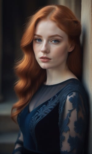 a woman, redhead, poses in a black dress, in the style of soft edges and atmospheric effects, romanesque, pop inspo, michael malm, close-up shots, the blue rider, warmcore 