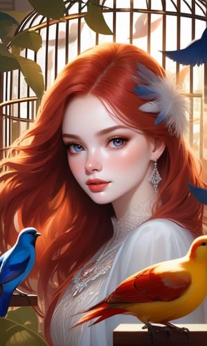 A beautiful redhead covered in birds feathers, trapped inside a bird cage,artistic rendering,soft and delicate feathers,shimmering colors,exquisite details,expressive eyes and lips,vibrant and lively birds,fine texture,painted with fine brushstrokes,elegant poses,emotional facial expression,detailed facial features,impressive background,sunlit garden scene,rich colors and textures,masterpiece:1.2,ultra-detailed,realistic:1.37,vivid colors,soft lighting,bokeh.