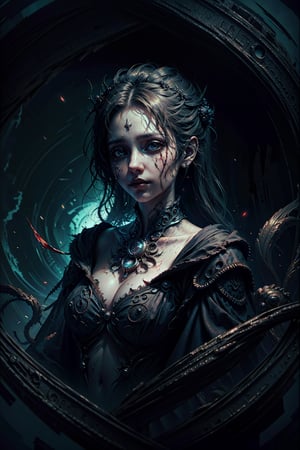 A terrifyingly enigmatic time traveler, the main subject of this oil painting, sends shivers down the spine with his blood-curdling presence. The image, a meticulously detailed and expertly crafted painting, showcases the traveler's eerie aura through dimly lit surroundings with a foreboding atmosphere. The figure is adorned with a tattered, midnight-black cloak, its fabric almost appearing ethereal, hinting at the traveler's otherworldly origins. His eyes, piercing and filled with ancient knowledge, seem to gaze into the depths of the viewer's soul. The brushwork and texture of the painting demonstrate a masterful execution, capturing every crease in the traveler's face and displaying a range of hauntingly pale skin tones. This captivating artwork immerses viewers in a realm where time twists in unsettling ways, leaving them in awe and dread. .