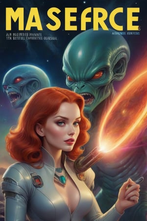 (best quality,8k,highres,masterpiece:1.2),vibrant pulp magazine cover, aliens experimenting with a beautiful redhead, vibrant colors, retro sci-fi style, dramatic lighting,style