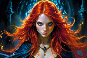 A mesmerizingly enchanting sorceress with vibrant red hair. Her cascading locks flow like flames, illuminating her bewitching appearance. This exquisite portrayal captures her delicate features and fiery essence. The image is a stunning painting that intricately showcases the sorceress's ethereal beauty. Every brush stroke and color choice exudes a sense of allure and mystique. It is a high-definition masterpiece crafted with meticulous attention to detail, immersing viewers in the spellbinding world of this captivating redhead sorceress.,horror,DonMG414 ,monster,more detail XL