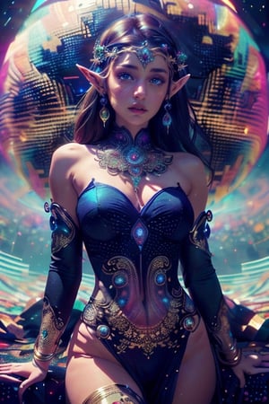 (masterpiece, top quality, best quality, official art, beautiful and aesthetic:1.2), (1 Elf girl), extremely detailed, ornate jewellery, long shapeless hair, (fractal art:1.3),colorful, cinematic lighting.,High detailed ,wo_fmmika01,Circle,adstech