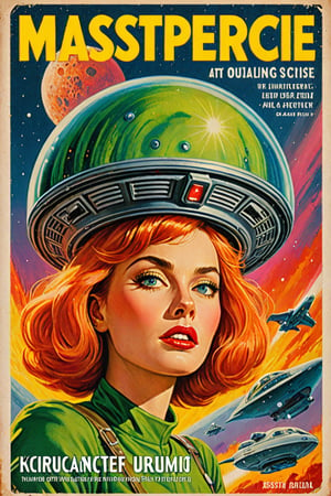 (8k,highres,masterpiece:1.2),vibrant pulp magazine cover,alien abduction of a fiery-haired girl, intense sci-fi elements, dramatic lighting, detailed illustration, otherworldly spaceship, menacing extraterrestrial beings, futuristic technology, distressed facial expression, dynamic action, vibrant color palette, dramatic sky, sharp focus, intricate alien spacecraft design, vintage comic book aesthetics, retro typography, bold graphic style, eye-catching composition, intense sense of danger.