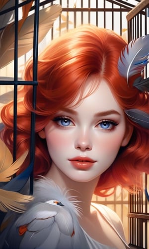 A beautiful redhead covered in birds feathers, trapped inside a bird cage,artistic rendering,soft and delicate feathers,shimmering colors,exquisite details,expressive eyes and lips,vibrant and lively birds,fine texture,painted with fine brushstrokes,elegant poses,emotional facial expression,detailed facial features,impressive background,sunlit garden scene,rich colors and textures,masterpiece:1.2,ultra-detailed,realistic:1.37,vivid colors,soft lighting,bokeh.
