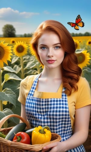 A girl next door, redhead farmgirl, 21 years old, beautiful detailed eyes, beautiful detailed lips, extremely detailed eyes and face, long eyelashes, medium: oil painting, additional details: standing in a sunflower field, wearing a checkered apron, holding a basket of fresh vegetables, surrounded by colorful butterflies, highres: 4k, ultra-detailed, realistic: 1.37, vibrant colors, warm color tones, natural sunlight.