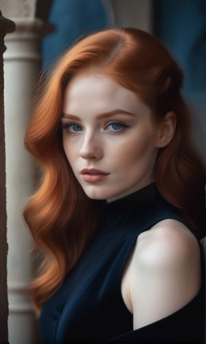 a woman, redhead, poses in a black dress, in the style of soft edges and atmospheric effects, romanesque, pop inspo, michael malm, close-up shots, the blue rider, warmcore 