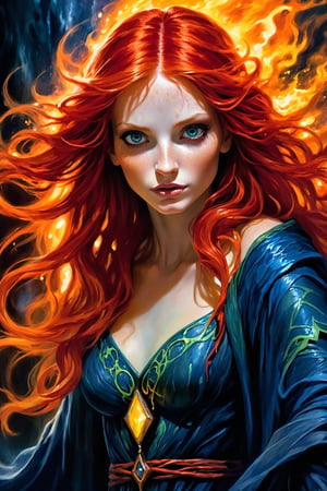 A mesmerizingly enchanting sorceress with vibrant red hair. Her cascading locks flow like flames, illuminating her bewitching appearance. This exquisite portrayal captures her delicate features and fiery essence. The image is a stunning painting that intricately showcases the sorceress's ethereal beauty. Every brush stroke and color choice exudes a sense of allure and mystique. It is a high-definition masterpiece crafted with meticulous attention to detail, immersing viewers in the spellbinding world of this captivating redhead sorceress.,horror,DonMG414 ,monster,more detail XL