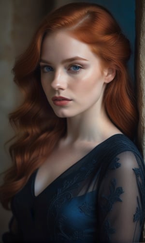 a woman, redhead, poses in a black dress, in the style of soft edges and atmospheric effects, romanesque, pop inspo, michael malm, close-up shots, the blue rider, warmcore 