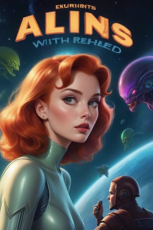 (best quality,8k,highres,masterpiece:1.2),vibrant pulp magazine cover, aliens experimenting with a beautiful redhead, vibrant colors, retro sci-fi style, dramatic lighting,style