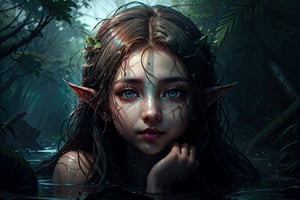 rainy jungles, swamps, a lot of water, young pile elf girl whose face is centered in the frame, the beauty of her face is obscured by a massive pile of diverse debris surrounding her, almost as if she is drowning in it, contrast between, youth, chaos, surrounding trash, provoking composition