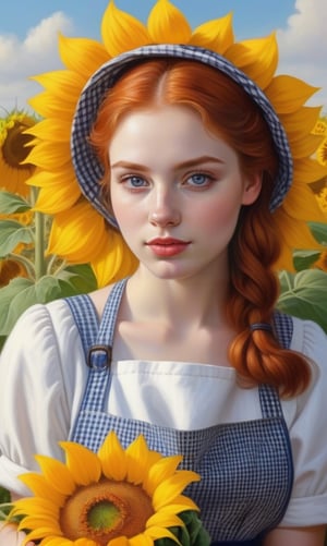 A girl next door, redhead farmgirl, 21 years old, beautiful detailed eyes, beautiful detailed lips, extremely detailed eyes and face, long eyelashes, medium: oil painting, additional details: standing in a sunflower field, wearing a checkered apron, holding a basket of fresh vegetables, surrounded by colorful butterflies, highres: 4k, ultra-detailed, realistic: 1.37, vibrant colors, warm color tones, natural sunlight.