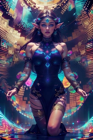 (masterpiece, top quality, best quality, official art, beautiful and aesthetic:1.2), (1 Elf girl), extremely detailed, ornate jewellery, long shapeless hair, (fractal art:1.3),colorful, cinematic lighting.,High detailed ,wo_fmmika01,Circle,adstech