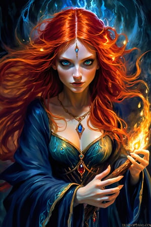 A mesmerizingly enchanting sorceress with vibrant red hair. Her cascading locks flow like flames, illuminating her bewitching appearance. This exquisite portrayal captures her delicate features and fiery essence. The image is a stunning painting that intricately showcases the sorceress's ethereal beauty. Every brush stroke and color choice exudes a sense of allure and mystique. It is a high-definition masterpiece crafted with meticulous attention to detail, immersing viewers in the spellbinding world of this captivating redhead sorceress.,horror,DonMG414 ,monster,more detail XL