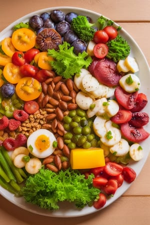 Capture the essence of the Kido diet in a single image. Showcase a colorful array of nutrient-rich ingredients artfully arranged on a plate, enticingly highlighting the diet's emphasis on wholesome fruits, vegetables, and lean proteins.