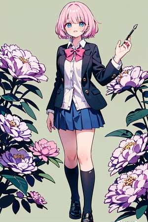 no background behind, happy  face, green background behind, 1girl, solo, looking at viewer, blush, short hair, bangs, blue eyes, skirt, shirt, long sleeves, bow, school uniform, standing, jacket, full body, white shirt, pink hair, no chairs behind the character,  pleated skirt, parted lips, open clothes, sky, shoes, socks, collared shirt,  miniskirt, bowtie, black footwear, open jacket, blue skirt, black jacket, kneehighs, dress shirt, buttons, chair, crossed arms, blazer, cardigan, white socks, no background only green color, no chair, no flowers 