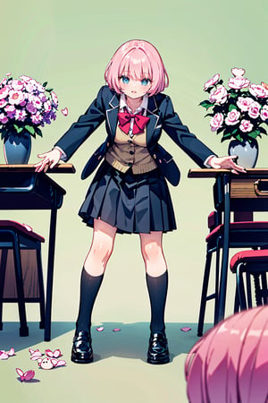 nothing behind the character, just grean screen, hyperrealistic blue eyes, detailed face, good outline, no background behind, happy  face, green background behind, 1girl, solo, looking at viewer, blush, short hair, bangs, blue eyes, skirt, shirt, long sleeves, bow, school uniform, standing, jacket, full body, white shirt, pink hair, no chairs behind the character,  pleated skirt, parted lips, open clothes, sky, shoes, socks, collared shirt,  miniskirt, bowtie, black footwear, open jacket, blue skirt, black jacket, kneehighs, dress shirt, buttons, chair, crossed arms, blazer, cardigan, white socks, no background only green color, no chair, no flowers 