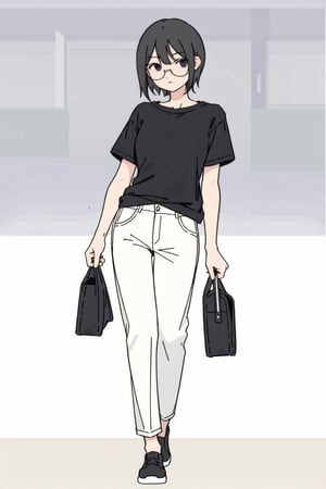 flat color, black T shirt(simple with no design), white pant, black-hair, black-framed_eyewear,,<lora:659111690174031528:1.0>