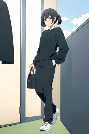 2D anime girl, 20 year old, black pant, black shirt, good outline ,flat color