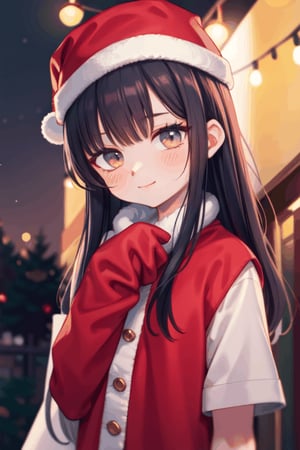 (Masterpiece), 1 Girl, Top Quality, High Resolution, Highly Detailed, Detailed Background, Perfect Lighting, Santa Claus Costume, Outdoors, Night City, Light Smile, Staring at Others, Staring at Others, Falling Snow city, perfect light, christmas tree