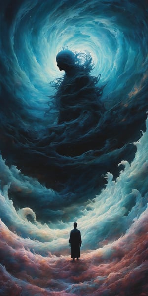 by Nicolas Delort, by Marco Mazzoni, by Antonio J. Manzanedo, a dark silhouetted figure standing in front of a white maelstrom wormhole in an otherworldly surreal dreamscape, breathtaking, eerie, ethereal, in the (style ofSocial Sculpture:1.6), limited dark color palette, unusual colors, highly dramatic volumetric lighting