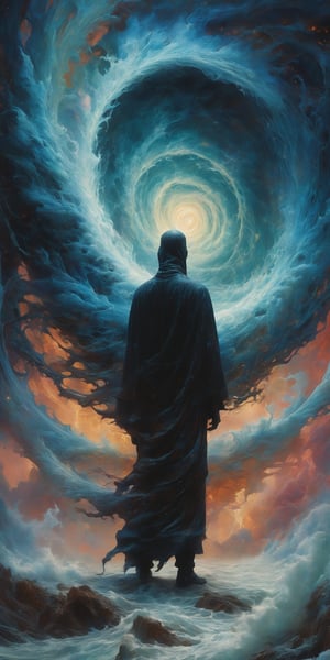 by Nicolas Delort, by Marco Mazzoni, by Antonio J. Manzanedo, a dark silhouetted figure standing in front of a white maelstrom wormhole in an otherworldly surreal dreamscape, breathtaking, eerie, ethereal, in the (style ofSocial Sculpture:1.6), limited dark color palette, unusual colors, highly dramatic volumetric lighting