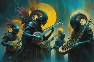 A band of futuristic entities playing ancient instruments, symbolizing a timeless connection between past and future. vibrant colors. vibrant colors, MASTERPIECE by Aaron Horkey and Jeremy Mann, masterpiece, best quality, Photorealistic, ultra-high resolution, photographic light, illustration by MSchiffer, fairytale, Hyper detailed