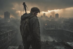 "A lone teenage boy survivor stands atop a dilapidated rooftop, overlooking a cityscape ravaged by the zombie apocalypse. The sky is a turbulent mix of dark clouds and smoke, with occasional flashes of lightning illuminating the devastation below. Zombies swarm the building, clawing and climbing in a relentless pursuit. The survivor, clad in torn and dirty clothing, swings a barbed-wire-wrapped baseball bat with grim determination, knocking zombies off the edge and fighting to stay alive."