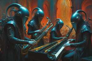A band of futuristic entities playing ancient instruments, symbolizing a timeless connection between past and future. vibrant colors. vibrant colors, MASTERPIECE by Aaron Horkey and Jeremy Mann, masterpiece, best quality, Photorealistic, ultra-high resolution, photographic light, illustration by MSchiffer, fairytale, Hyper detailed
