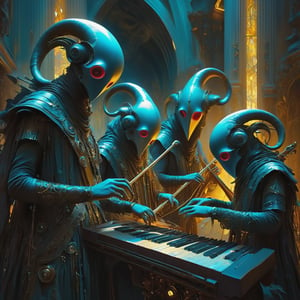 Album cover. A band of futuristic entities playing ancient instruments, symbolizing a timeless connection between past and future. vibrant colors. vibrant colors, MASTERPIECE by Aaron Horkey and Jeremy Mann, masterpiece, best quality, Photorealistic, ultra-high resolution, photographic light, illustration by MSchiffer, fairytale, Hyper detailed. baroque medievel futuristic ancient