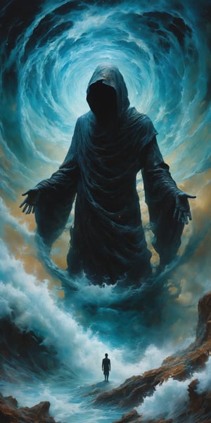 by Nicolas Delort, by Marco Mazzoni, by Antonio J. Manzanedo, a dark silhouetted figure standing in front of a white maelstrom wormhole in an otherworldly surreal dreamscape, breathtaking, eerie, ethereal, in the (style ofSocial Sculpture:1.6), limited dark color palette, unusual colors, highly dramatic volumetric lighting