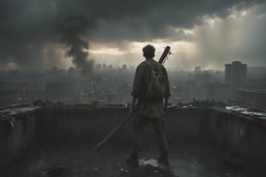 "A lone teenage boy survivor stands atop a dilapidated rooftop, overlooking a cityscape ravaged by the zombie apocalypse. The sky is a turbulent mix of dark clouds and smoke, with occasional flashes of lightning illuminating the devastation below. Zombies swarm the building, clawing and climbing in a relentless pursuit. The survivor, clad in torn and dirty clothing, swings a barbed-wire-wrapped baseball bat with grim determination, knocking zombies off the edge and fighting to stay alive."