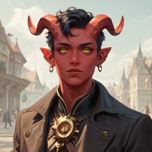(((beautiful, high quality))), portrait, score_9, score_8_up, score_7_up, Tiefling, pointed ears, horns, piercings, slim and fit, colored sclera, 1boy, red skin, smokey black hair, yellow eyes, steampunk urban background, in love, colored s