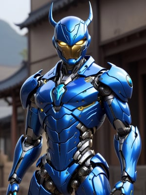 genji robot mix with the Blue Beetle  mechinal details, intricate details, hd deetails, high quality, full body view, sharp details, sharp focus, 128k,visible mecehnical details,