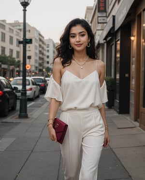 masterpiece,best quality,ultra detailed,northeastern_south_asian_girl, elegant_evening_attire, satin_blouse, fitted_trousers, ankle-strap_heels, elegant_pearl_jewelry, drop_earrings, delicate_bracelets, clutch_purse, long_black_curly_hair, glowing_skin, subtle_makeup, soft_smile, casual_pose, walking_along_city_street, holding_clutch, evening_lights, sophisticated_ambiance, chic_style,Enhance,Detailedface