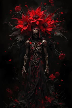 abstract art, a death reaper stand with many of darkness red flower, poster style, cinematic mood, low key style, black background, the art so complex with grunge stroke,cinematicxhan,grungeartxhan83,hanxdeadcyborg83