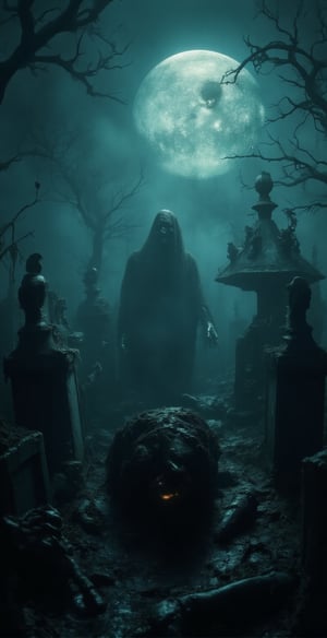 A fog-covered cemetery at midnight, old tombstones cracked and decayed, with skeletal hands reaching out from the graves. Ghostly figures drift between the graves, their hollow eyes glowing faintly. A shadowy figure in a tattered cloak stands near an ancient, twisted tree with a noose hanging from its branch. Full moon overhead casting eerie shadows, dark and chilling atmosphere, mist swirling through the air, creepy and unsettling