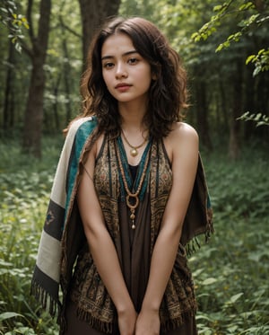 Generate a hyper-realistic image of a young girl from the northeastern region of South Asia. She has a dreamy and whimsical expression, with shoulder-length, curly hair adorned with vibrant, traditional beads. Her skin is a rich, deep bronze, and her eyes are soft and inviting, reflecting a sense of curiosity and wonder. She is dressed in a traditional tribal outfit, featuring a handwoven shawl and intricate beadwork jewelry. The background is an enchanting forest, with tall, ancient trees and a carpet of colorful wildflowers. Sunlight filters through the canopy, casting dappled light on her figure. The overall mood of the image is one of enchantment, nature, and cultural heritage, Enhance,1 girl