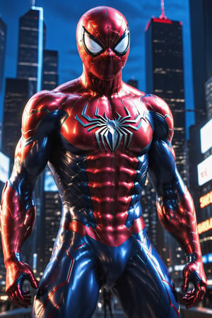 full body, facing camera, hero pose, looking at viewer, 3D rendering of [Spiderman], muscles, very well detailed eyes, perfect body, detailed with cybernetics and blue and red armor, night city background, intricately detailed, hdr , 8k, subsurface scattering, specular lighting, high resolution, octane rendering, neon ray tracing,