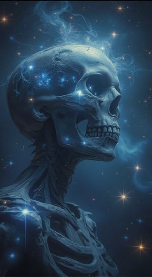 A cosmic skeleton design with shimmering silver and blue hues. Use glowing stars on a skeletal face, focusing on hollow eye sockets, with cosmic clouds and sparkles in the background to create an ethereal feel,Thriller illustration,DarkHalloween,grungeartxhan83,cinematicxhan