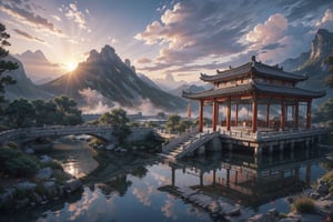 (8k, best quality, top level: 1.1), wide-angle lens:1.1,traditional architecture, high mountains and red clouds, clouds, ((Traditional Chinese Pavilion)), pilgrim,morning glow, sunrise, background, flowing water and detailed elements below. Desert