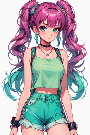 anime artwork comic pastel goth, anime style, medium breasts, slim athletic figure, punk bad girl, 1girl, full body, (:colorful costume design, :0.2:0.9524), official art, chinese, bombshell punk hair, magenta hair with sea green highlights, Messy Fishtail Braid, side braid, vivid azure lighting, pvc shorts, in a artificial club, bombshell hair, bright brown hair, side ponytail, Twist Out, own hands clasped, pastel colored clothes, . graphic illustration, comic art, graphic novel art, vibrant, highly detailed . anime style, key visual, vibrant, studio anime,  highly detailed