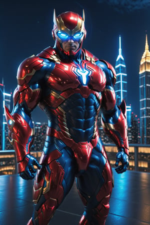 full body, facing camera, hero pose, looking at viewer, 3D rendering of [Homelander], muscles, very well detailed eyes, perfect body, detailed with cybernetics and red and blue armor, night city background, intricately detailed, hdr , 8k, subsurface scattering, specular lighting, high resolution, octane rendering, neon ray tracing,