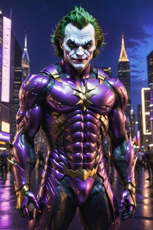 full body, facing camera, hero pose, looking at viewer, 3D rendering of [Joker], muscles, very well detailed eyes, perfect body, detailed with cybernetics and violet and purple armor, night city background, intricately detailed, hdr , 8k, subsurface scattering, specular lighting, high resolution, octane rendering, neon ray tracing,