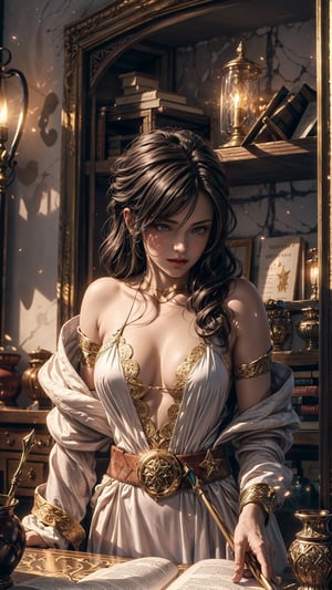 (4k), (masterpiece), (best quality),(extremely intricate), (realistic), (sharp focus), (award winning), (cinematic lighting), (extremely detailed), 

A young sorceress girl stands in a dimly lit room, her white robes flowing behind her. She has long, black hair, and piercing red eyes. In her hands, she holds a glowing staff.

The sorceress is surrounded by books and scrolls, and there are potions and magical artifacts scattered on the table before her. She is clearly a powerful and knowledgeable sorceress.

The sorceress is focused on her task, but she also has a mischievous glint in her eye. She is clearly excited about the power that she possesses, and she is eager to use it to make a difference in the world.,EpicSky