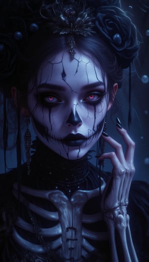 An elegant, ghostly figure with a pale, ethereal face, dark smoky eyes, and cracked skin effects. Makeup could be enhanced by a smoky, eerie blue or purple glow, accentuated by shadows and highlighted bones for a skeletal, yet glamorous look.Thriller illustration,DarkHalloween