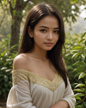 A portrait of a beautiful and gorgeous young girl from the northeastern region of South Asia. She has striking features, with almond-shaped eyes that shimmer with a hint of mystery and long, silky hair cascading over her shoulders. Her skin has a smooth, radiant complexion with a soft, golden hue. She is wearing a traditional Assamese Mekhela Chador, intricately woven with golden threads and vibrant motifs. The background is a serene tea garden, with lush green tea bushes and misty hills in the distance. The soft sunlight filters through the trees, casting a gentle glow on her face, enhancing her natural beauty and the picturesque setting