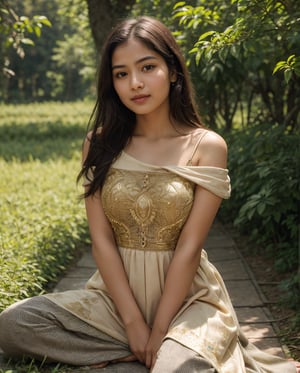 A portrait of a beautiful and gorgeous young girl from the northeastern region of South Asia. She has striking features, with almond-shaped eyes that shimmer with a hint of mystery and long, silky hair cascading over her shoulders. Her skin has a smooth, radiant complexion with a soft, golden hue. She is wearing a traditional Assamese Mekhela Chador, intricately woven with golden threads and vibrant motifs. The background is a serene tea garden, with lush green tea bushes and misty hills in the distance. The soft sunlight filters through the trees, casting a gentle glow on her face, enhancing her natural beauty and the picturesque setting