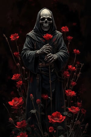 abstract art, a death reaper stand with many of darkness red flower, poster style, cinematic mood, low key style, black background, the art so complex with grunge stroke,cinematicxhan,grungeartxhan83,hanxdeadcyborg83